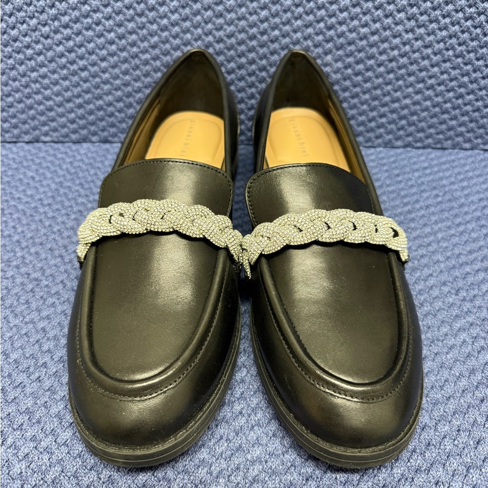Gianni Bini Black Loafers with Silver Chain Detail